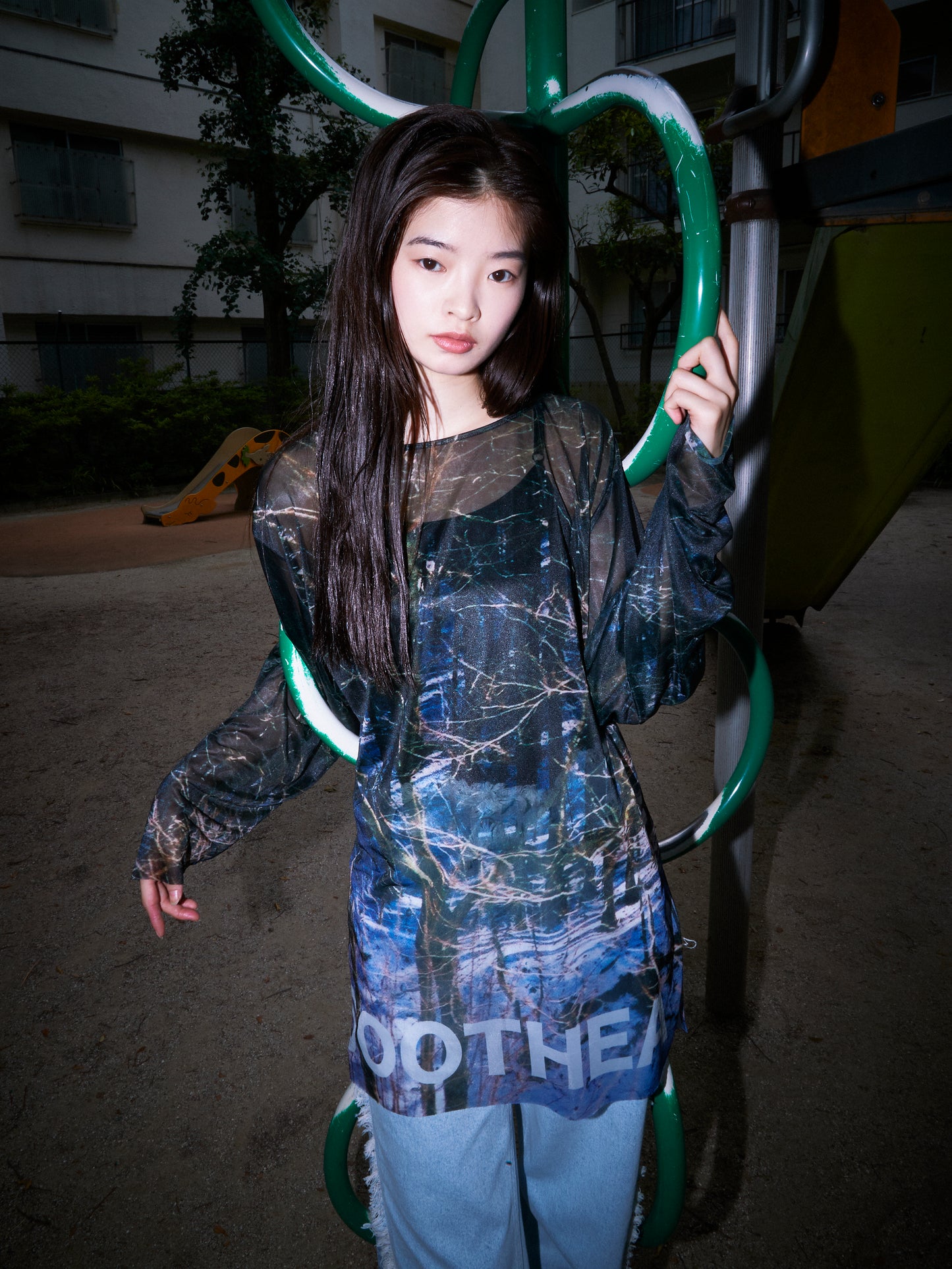 Sheer Print Top-Forest